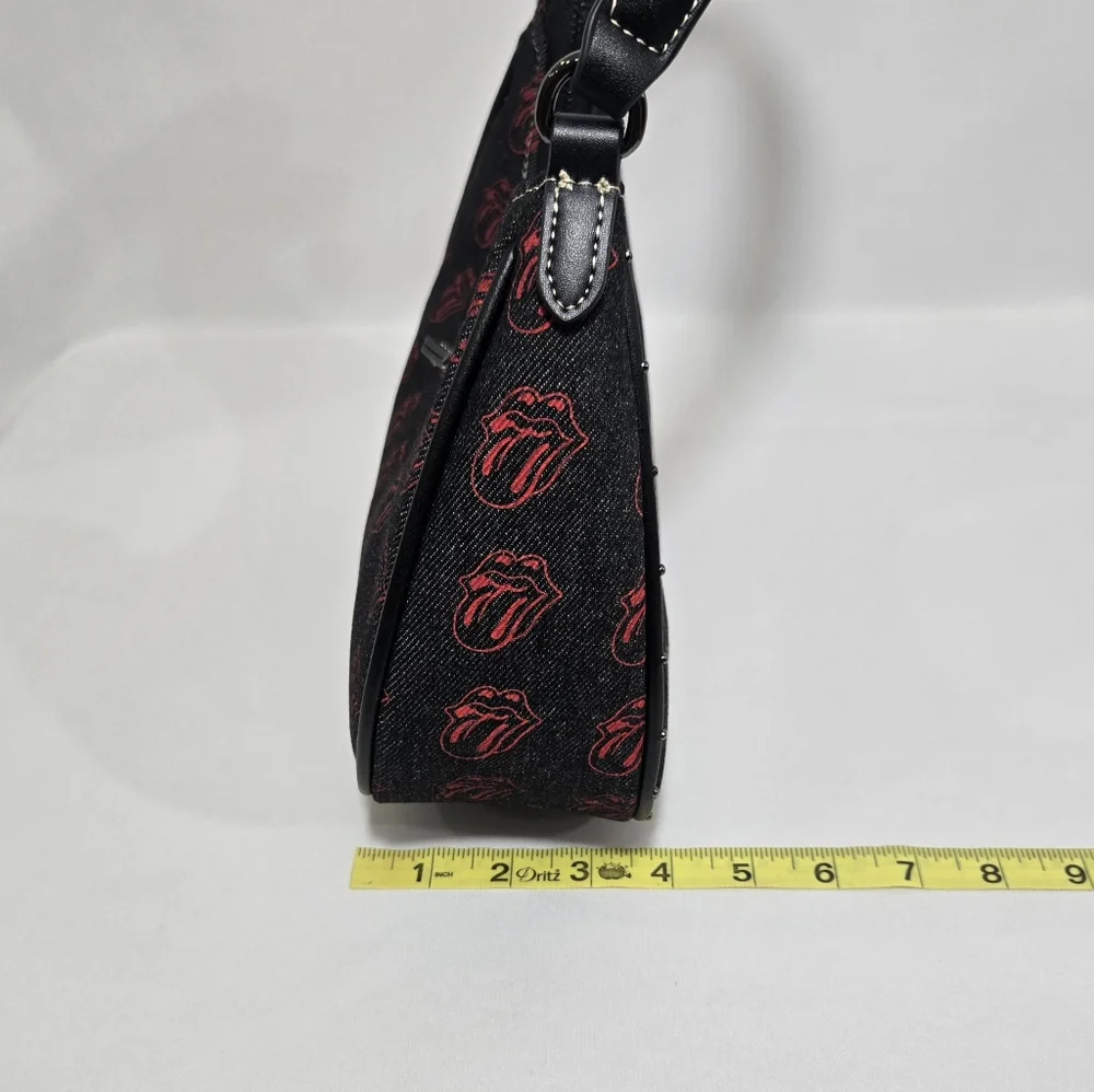 The Rolling Stones All-Over Tongue Logo Black Denim Small Hobo Bag